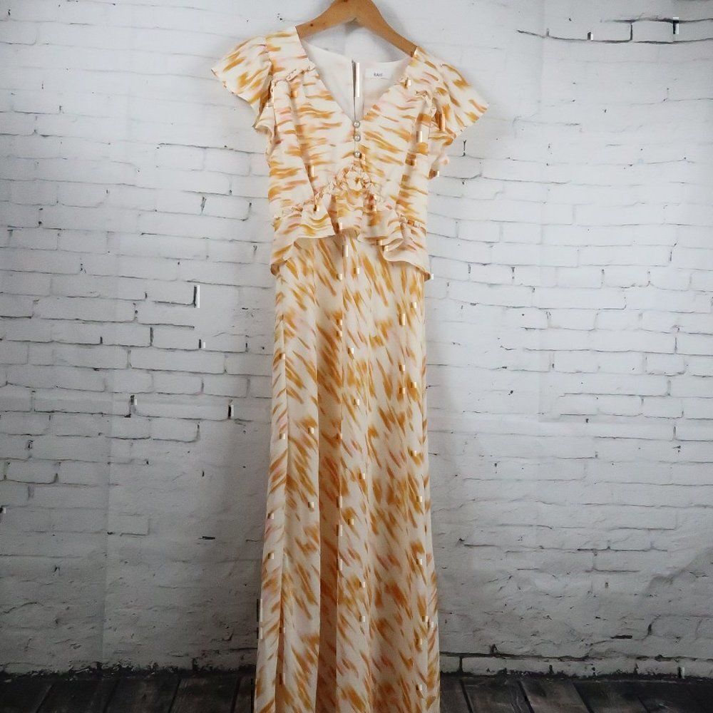 RAHI ORANGE & WHITE WITH PINK BRUSH STROKE DESIGN RUFFLE MAXI DRESS SIZE SMALL